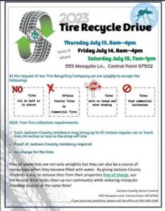 Tire Recycle Drive, July 13-15, Jackson County Vector Control, Central Point